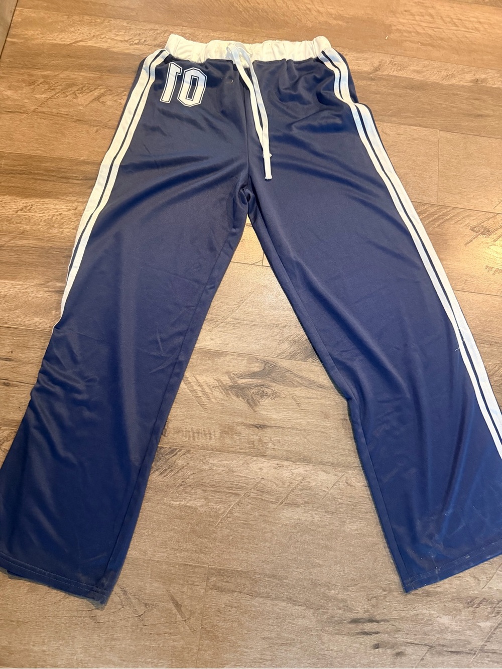 Navy Athletic Track Pants with White Side Stripes and Number 10